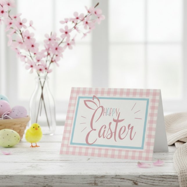 Cartão De Festividades Felz pascoa de Gingham Cor-de-Rosa Personalizada (Pink Gingham Cute Happy Easter Custom Holiday Card)