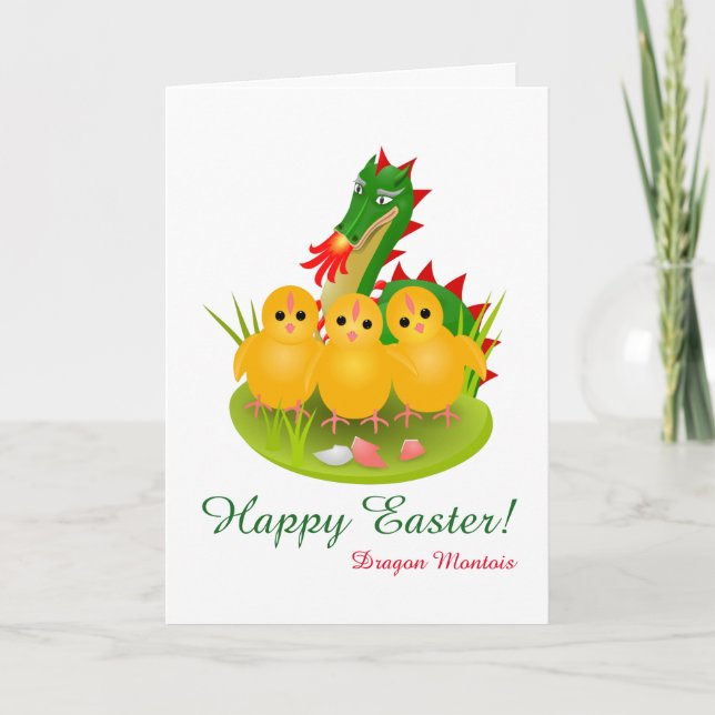 Cartão De Festividades Felz pascoa de três pintinhos e Dragão de Mons (Frente)