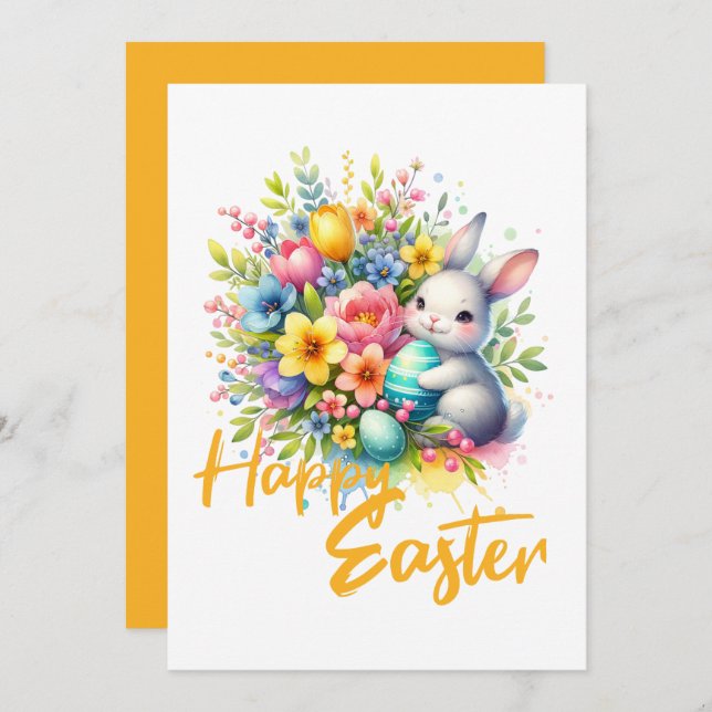 Cartão De Festividades Felz pascoa flor primavera com belo coelho (Frente/Verso)