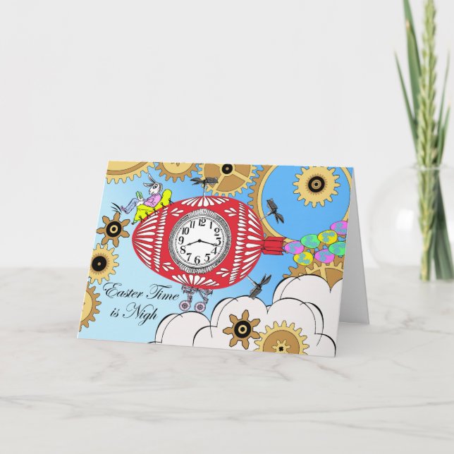 Cartão De Festividades Felz pascoa, Ilustração Steampunk, Máquina do Temp (Frente)