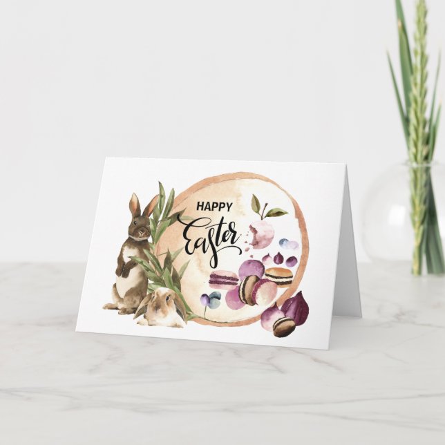 Cartão De Festividades Felz pascoa | Macaroons Bunnies com Primavera (Frente)