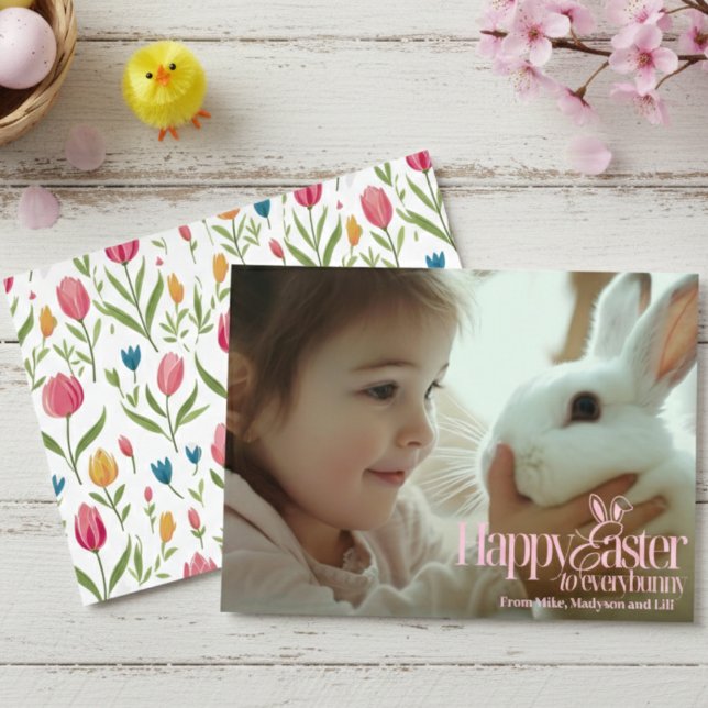 Cartão De Festividades Felz pascoa Para Toda A Páscoa Personalizada De Te (Happy Easter To Everybunny Pink Text Custom Easter Holiday Card)