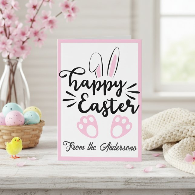 Cartão De Festividades Felz pascoa preto-e-rosa-claro personalizado (Cute Black and Pink Bunny Happy Easter Custom Holiday Card)