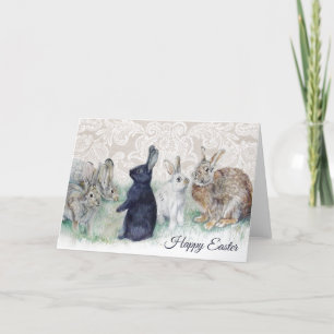 Cartão De Festividades Felz pascoa Vintage Rabbit e rendas