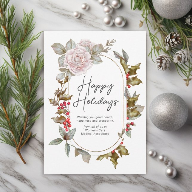 Cartão De Festividades Feminine Holly Evergreens Floral Corporate (An elegant holiday card for businesses serving women.)