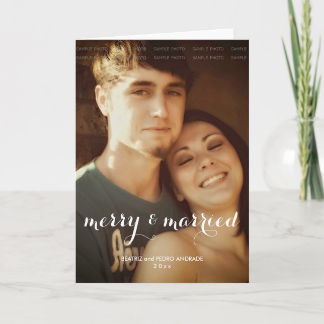 Cartão De Festividades Feriado Branco de Foto de Natal Casado da feliz (Frente)
