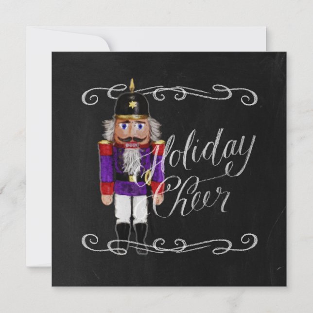 Cartão De Festividades Feriado Cheer Chalkboard Purple e Red Nutcracker (Frente)