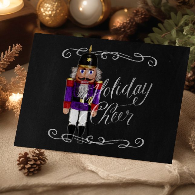 Cartão De Festividades Feriado Cheer Chalkboard Purple e Red Nutcracker (Criador carregado)