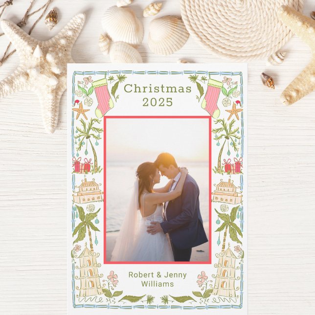 Cartão De Festividades Feriado Costeiro de Natal com Fronteira de Beachy (Criador carregado)