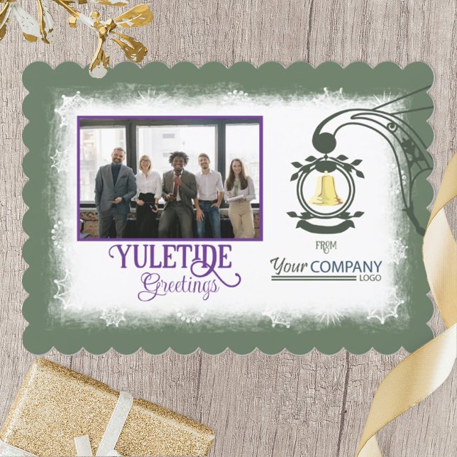 Cartão De Festividades Feriado da Companhia Dourada de Bolas Azeitona, Pú (olive sage green purple plum text business logo, company Christmas card with gold bell and photo)