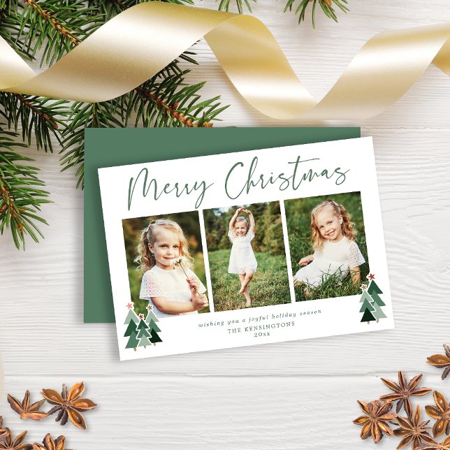 Cartão De Festividades Feriado de 3 Fotografias, Feriado Moderno e Bonito (Rustic Sage Green Christmas Card)