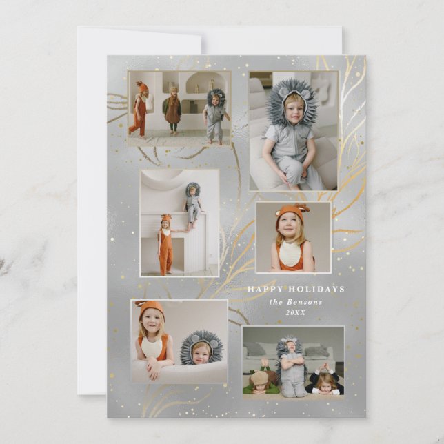 Cartão De Festividades Feriado de 6 Fotografias com Folhas Douradas Desen (Frente)