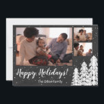 Cartão De Festividades Feriado de Árvore de Pinho de Neve Chalkboard<br><div class="desc">Deixe-o nevar com esta rica coleção de feriados de tom de joia. Fotos personalizáveis são o foco do design, acentuado com pinheiros brancos nos cantos. A neve cai no fundo para adicionar textura. Uma saudação personalizável em uma escritura de fazenda adiciona um sentimento caprichoso ao design. Disponível em azul-marinho, creme,...</div>