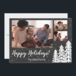 Cartão De Festividades Feriado de Árvore de Pinho de Neve Chalkboard<br><div class="desc">Deixe-o nevar com esta rica coleção de feriados de tom de joia. Fotos personalizáveis são o foco do design, acentuado com pinheiros brancos nos cantos. A neve cai no fundo para adicionar textura. Uma saudação personalizável em uma escritura de fazenda adiciona um sentimento caprichoso ao design. Disponível em azul-marinho, creme,...</div>