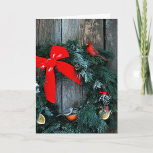 Cartão De Festividades Feriado de Barn Door com Pássaros de inverno