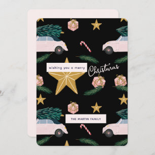 Cartão De Festividades Feriado de Carros de Árvore de Natal Rosa Preto Il