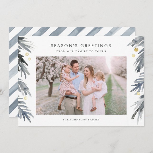 Cartão De Festividades Feriado de folhagem de inverno, Dourado e azul, Ca (Frente/Verso)