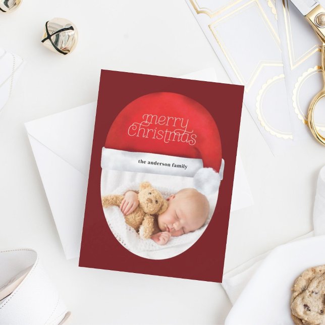 Cartão De Festividades Feriado de Foto do Red Santa Hat Feliz Natal (Criador carregado)