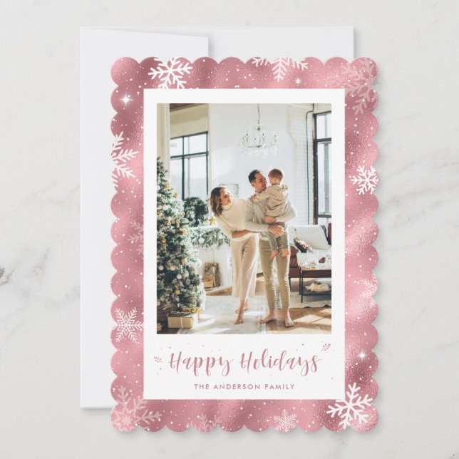 Cartão De Festividades Feriado de Fotografia de Neve Cor-de-Rosa Bonita (Frente)