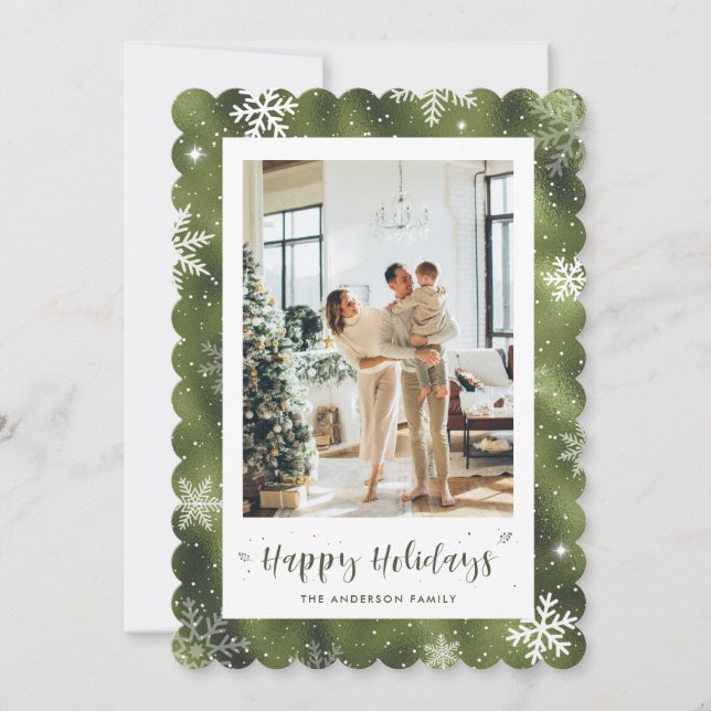 Cartão De Festividades Feriado de Fotografia em Neve Verde (Frente)