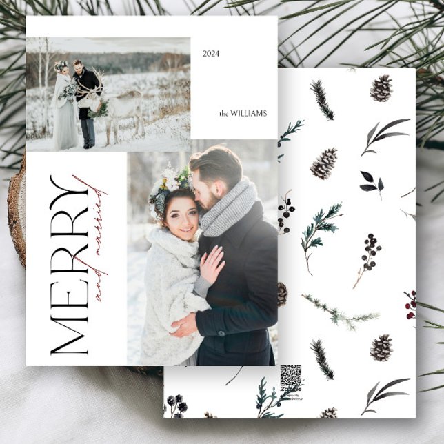 Cartão De Festividades Feriado de Fotografias de Nova Feliz e Casados Mod (Merry & married! Celebrate your first holiday as newlyweds with this elegant photo card.)
