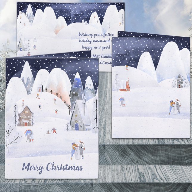 Cartão De Festividades Feriado de inverno na Aldeia Rustic Snowy Mountain (Snowy Mountain Ski Village Holiday Merry Christmas Wraparound Graphics Inside Folded Card)