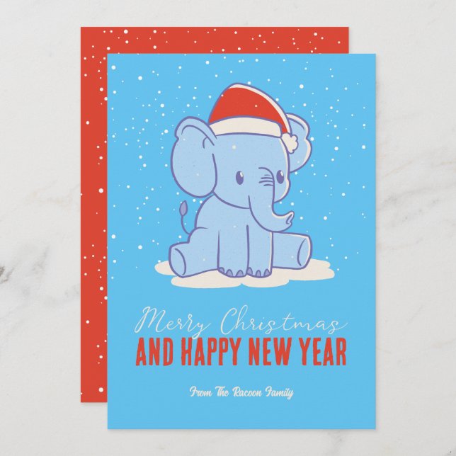 Cartão De Festividades Feriado de inverno, Papais noeis de elefante giro, (Frente/Verso)