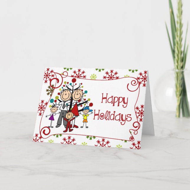 Cartão De Festividades Feriado de Natal da Família Stick Figure (Frente)