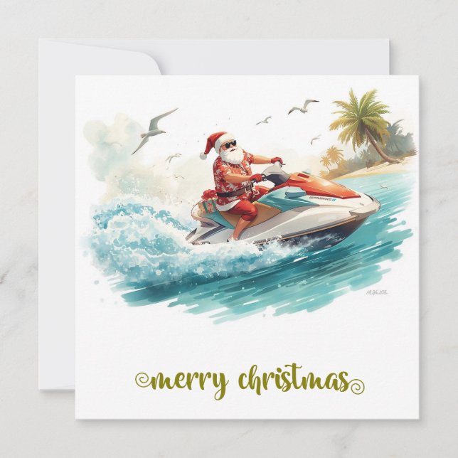 Cartão De Festividades Feriado de Natal de Jet Ski com Papai Noel (Frente)