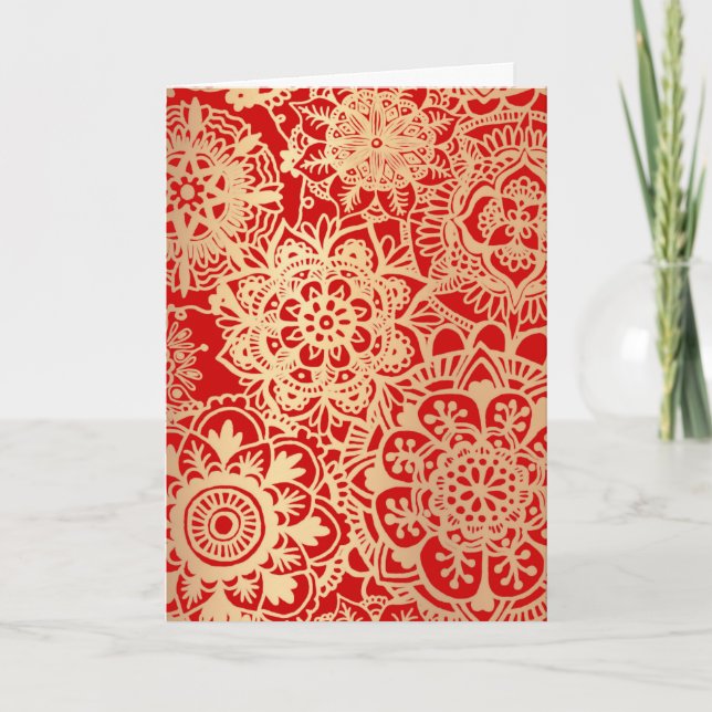 Cartão De Festividades Feriado de Natal do Elegante Red Dourado Mandala (Frente)
