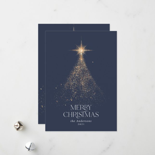 Cartão De Festividades Feriado de Natal moderno azul-brilho Dourado (Frente/Verso In Situ)