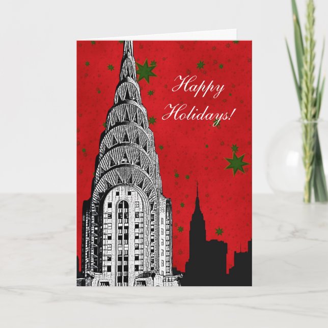 Cartão De Festividades Feriado de Natal NYC Skyline Etch Chrysler Bldg (Frente)