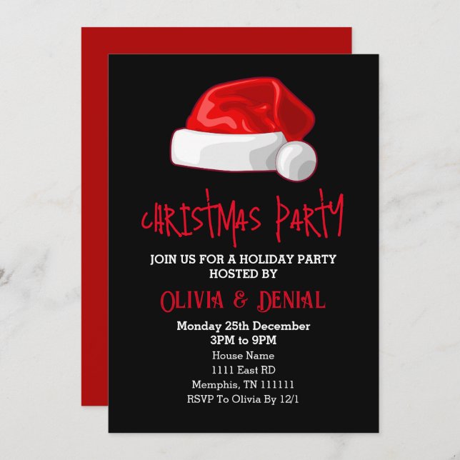 Cartão De Festividades Feriado de Natal Red Santa Hat Preto (Frente/Verso)