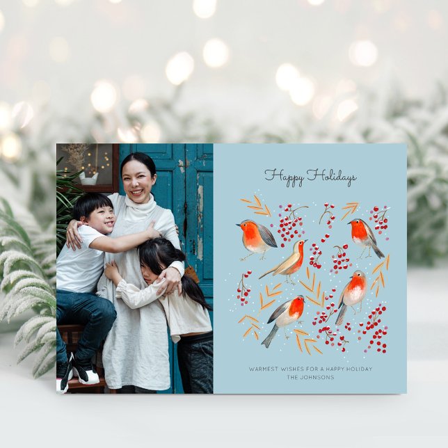 Cartão De Festividades Feriado de Natal vermelho e azul de pássaros-latão (Cute Bird Red Robin Blue Christmas Family Photo Holiday Card)