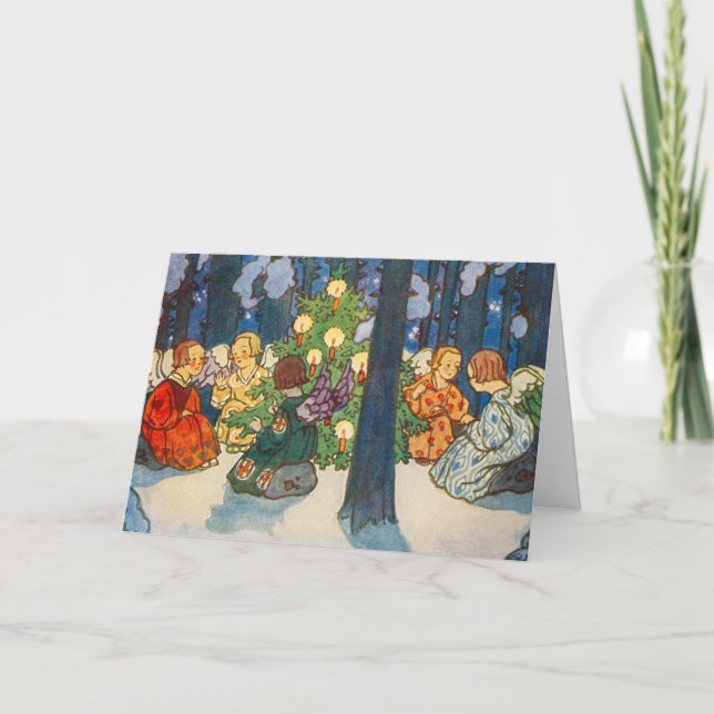 Cartão De Festividades Feriado de pintura de anjo e árvore de Natal (Frente)