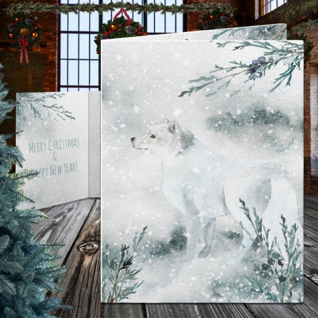 Cartão De Festividades Feriado de Snowy Winter White no Ártico (Snowy Winter White Arctic Fox Christmas Holiday Wraparound Graphics Folded Card in two sizes)