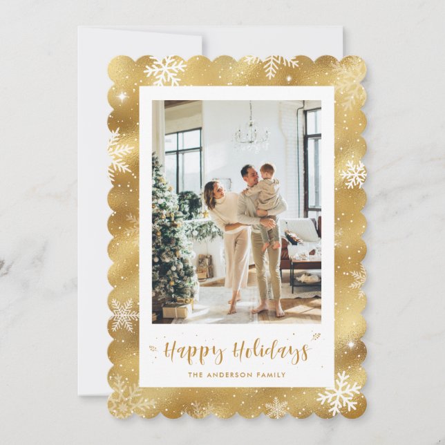 Cartão De Festividades Feriado Dourado de Foto em Neve (Frente)