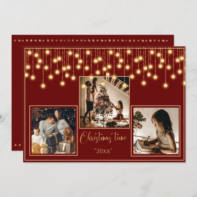 Cartão De Festividades Feriado Dourado do Natal Red 3 Photos (Frente/Verso)