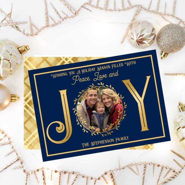 Cartão De Festividades Feriado Feriado Desejando Paz, Amor e Alegria ("Wishing You A Season ... Peace Love and Joy" Faux Foil Photo Blue Christmas Holiday Flat Card )