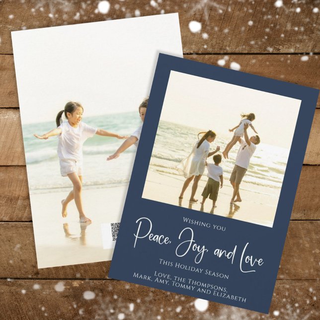 Cartão De Festividades Feriado Joy Love Elegante Snowflakes 2 Foto (Christmas holiday simple peace, joy, and love navy blue photo card. )