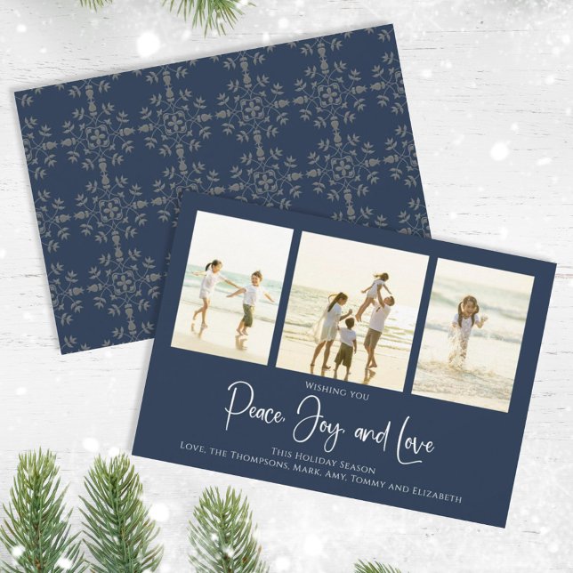 Cartão De Festividades Feriado Joy Love Elegante Snowflakes 3 Foto (Christmas holiday simple peace, joy, and love navy blue multi photo card. )