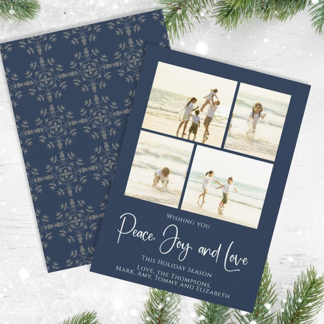 Cartão De Festividades Feriado Joy Love Elegante Snowflakes 4 Foto (Christmas holiday simple peace, joy, and love navy blue photo card. )