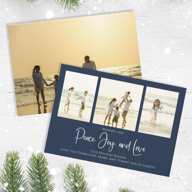 Cartão De Festividades Feriado Joy Love Elegante Snowflakes 4 Foto (Christmas holiday simple peace, joy, and love navy blue photo card. )