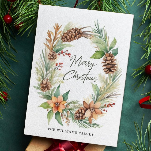 Cartão De Festividades Feriado Natal Frota Pinecones Berries Foliage (Criador carregado)