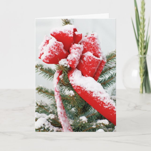 Cartão De Festividades Feriado Natal Neve Vermelho Arco Árvore de Molho (Frente)