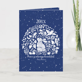 Cartão De Festividades Feriado Natal Rabbit Azul Ano Branco da Paz