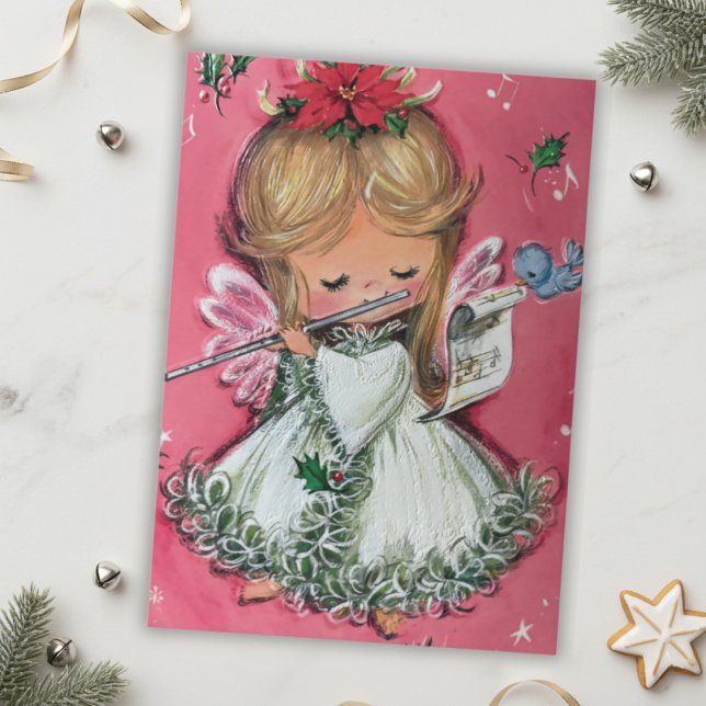 Cartão De Festividades Feriado Personalizado de Anjo de Natal Rosa Pink R (Vintage Retro Pink Christmas Angel Custom Holiday)