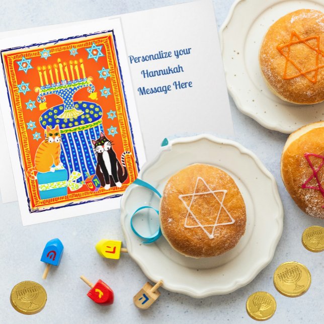 Cartão De Festividades Feriado Personalizado de Hanukkah, Celebrado por D (Personalize your special Hanukkah message in side this cute cat card!)