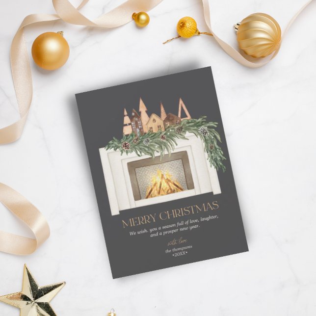 Cartão De Festividades Feriado Sem Foto Lareira de Aquarelas Scandi Árvor (Criador carregado)