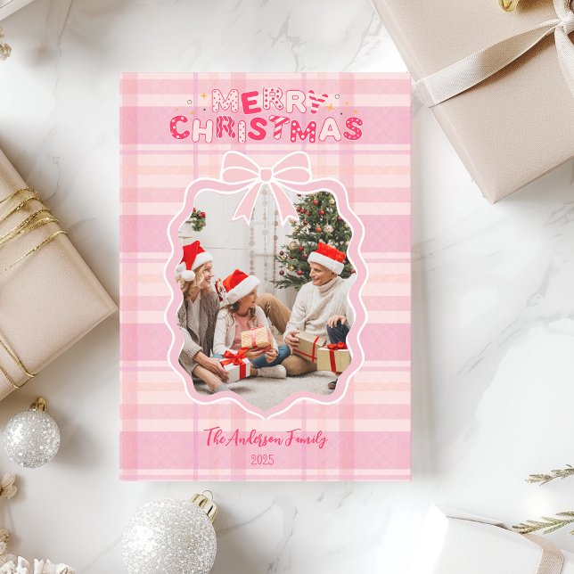 Cartão De Festividades Feriado Whimsical Retro-Pink Xadrez (Criador carregado)